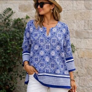 Coolibar St. Lucia Tunic Top Womens 3X Blue White Pullover UPF 50+ 3/4 Sleeve